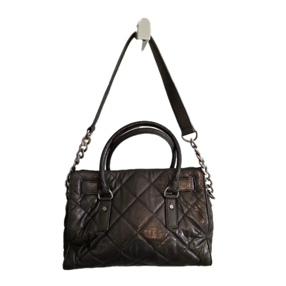 Michael Kors Hamilton Quilted Gun Metal Gray Leather Tote Shoulder Bag EUC